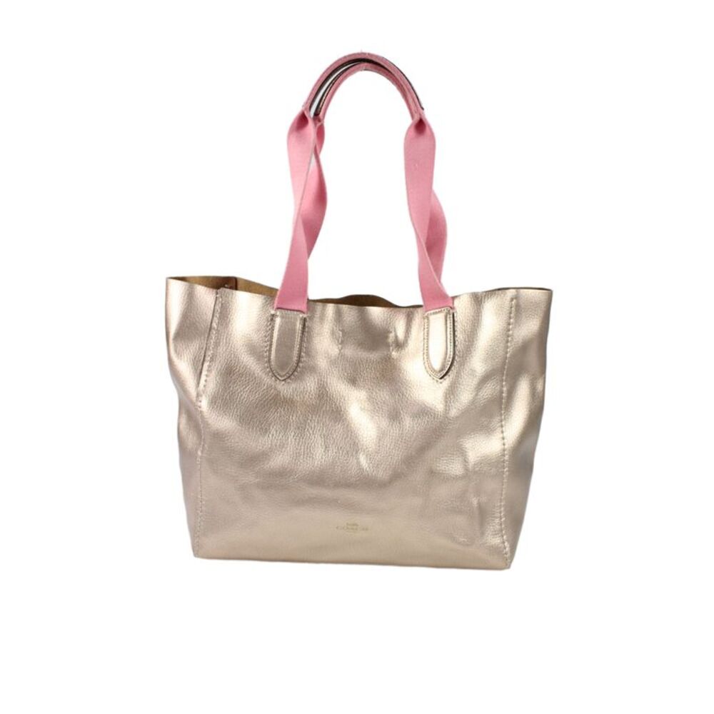 Coach Womens Leather Button Closure Derby Tote Shoulder Handbag Gold Pink